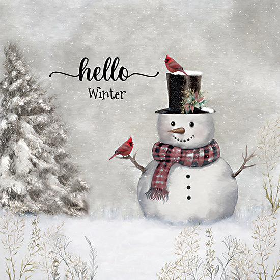 Robin-Lee Viera RLV789 - RLV789 - Hello Winter Snowman - 12x12 Winter, Snowman, Cardinals, Landscape, Hello Winter, Typography, Signs, Textual Art, Tree, Pine Tree, Snow, Top Hat, Scarf, Corsage, Flowers from Penny Lane