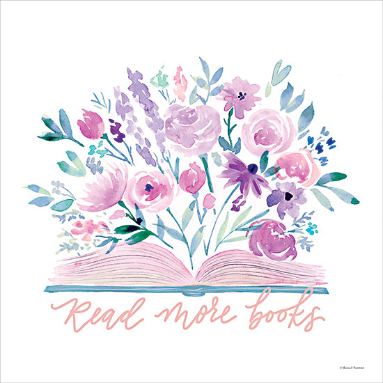 Rachel Nieman RN742 - RN742 - Floral Read More Books - 12x12 watercolor illustration, open book, floral bouquet, inspirational quote, soft pastels, purple flowers, feminine design, reading art from Penny Lane