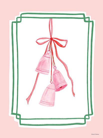 Rachel Nieman RN782 - RN782 - Whimsy Christmas Bells - 12x16 pink bells, ribbon, Christmas decor, green frame, pastel colors, festive art, watercolor illustration, minimalist holiday design, jingle bells, seasonal decor, elegant Christmas print from Penny Lane