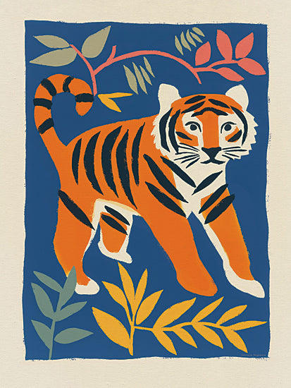 Svetlana Aleinikova SA140 - SA140 - Playful Tiger - 12x16 animals, botanical, wildlife, stylized animals, leaves, tiger, jungle, tropical leaves, decorative, whimsical, linocut, blue from Penny Lane