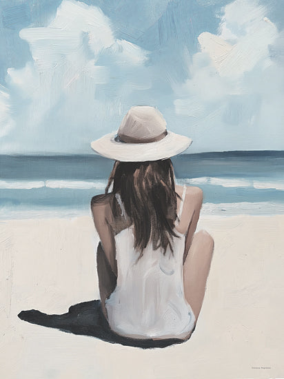 Svetlana Aleinikova SA164 - SA164 - Sands of Silence - 12x16 coastal, figurative, landscape, holidays & seasonal, beach, sky, summer, woman, hat, ocean, sand, clouds, waves, painterly, contemporary, acrylic, blue from Penny Lane