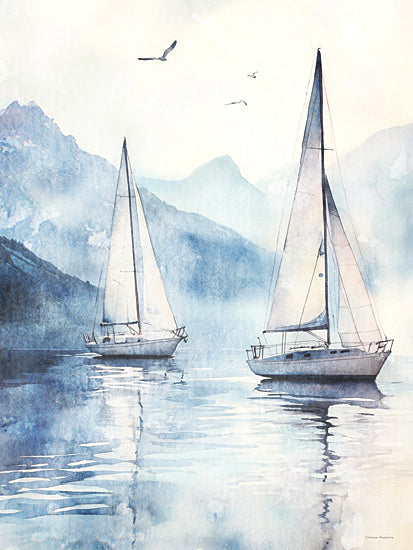 Svetlana Aleinikova SA170 - SA170 - Watercolor Voyage     - 12x16 sailboats on water, calm lake, watercolor painting, mountain background, birds in sky, nautical art from Penny Lane