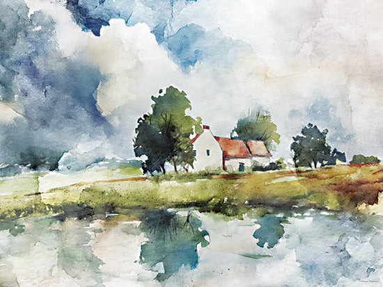 Svetlana Aleinikova SA244 - SA244 - Mirrored Stillness - 16x12 watercolor landscape, countryside scene, reflection in water, farmhouse by lake, rural setting, cloudy sky, peaceful atmosphere, nature scenery, watercolor wash from Penny Lane
