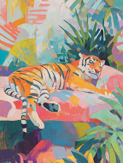Svetlana Aleinikova SA274 - SA274 - Golden Slumber - 12x16 tiger lounging, tropical foliage, colorful brushwork, modern wildlife painting, vibrant jungle scene, expressive palette knife texture, bright contemporary art from Penny Lane