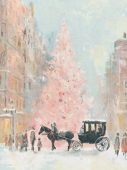 Svetlana Aleinikova SA303 - SA303 - Holiday Glow - 12x16 holidays & seasonal, travel, figurative, animals, christmas, winter, city, transportation, snowy street, horse drawn carriage, buildings, pink christmas tree, snow, cityscape, painterly, vintage, oil painting, pink from Penny Lane