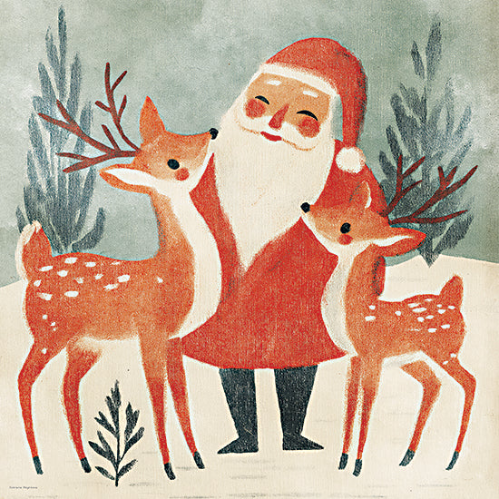 Svetlana Aleinikova SA311 - SA311 - Jolly Santa - 12x12 holidays & seasonal, animals, christmas, winter, wildlife, stylized animals, santa, reindeer, snowy scene, pine trees, fawn, whimsical, painterly, gouache, red from Penny Lane
