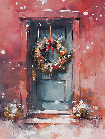 Svetlana Aleinikova SA318 - SA318 - Christmas Greetings - 12x16 christmas wreath on red door painting, snowy holiday entryway, festive winter decor illustration from Penny Lane