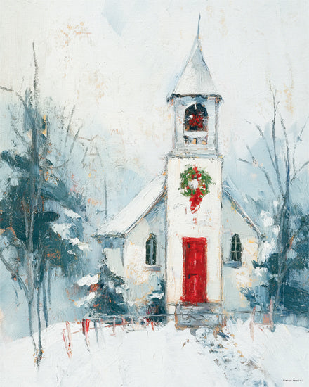 Svetlana Aleinikova SA412 - SA412 - Winter Wonderland Church - 12x16 winter church with wreath, snowy chapel landscape, red church door, christmas wreath decoration, snow covered trees, peaceful winter scene from Penny Lane