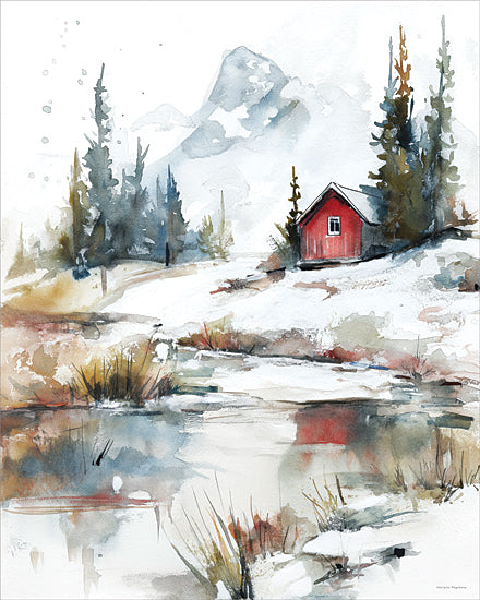Svetlana Aleinikova SA414 - SA414 - The Icy River - 12x16 snowy cabin landscape, red cabin by lake, pine forest mountains, winter wilderness scene, reflection in water, alpine nature painting from Penny Lane