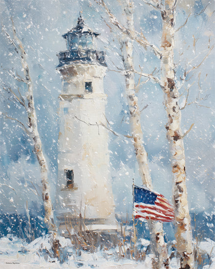 Svetlana Aleinikova SA415 - SA415 - Winter Lighthouse - 12x16 lighthouse in snowstorm, american flag winter scene, coastal beacon tower, snowy birch trees, patriotic winter landscape from Penny Lane