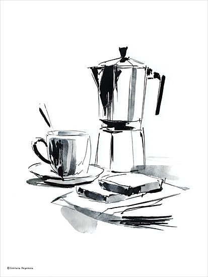 Svetlana Aleinikova SA423 - SA423 - Caffeine Dreams - 12x16 coffee pot and cup, moka pot, black and white sketch, minimalist ink drawing, breakfast illustration, toast and coffee, line art, kitchen scene from Penny Lane