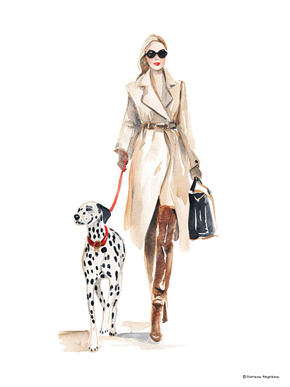 Svetlana Aleinikova SA457 - SA457 - Chic Companions - 12x16 fashion woman with dog, dalmatian, trench coat illustration, watercolor art, modern elegance, pet walking, city chic, stylish figurative painting from Penny Lane