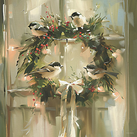 Svetlana Aleinikova SA556 - SA556 - Chickadee Carol Wreath - 12x12 animals, botanical, holidays & seasonal, birds, greenery, leaves, winter, christmas, chickadee, wreath, berries, pine needles, holiday lights, window, painterly, whimsical, oil painting, green from Penny Lane
