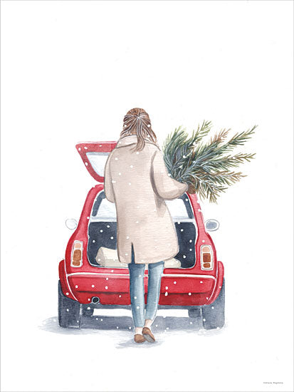 Svetlana Aleinikova SA557 - SA557 - Evergreen Homecoming - 12x16 woman placing christmas tree in red car holiday watercolor illustration from Penny Lane