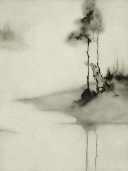 Svetlana Aleinikova SA666 - SA666 - Ink Forest II - 12x16 misty shoreline, abstract trees, monochrome green landscape, minimalist nature art, foggy water, ink wash style, tranquil scene, sparse pine trees, atmospheric wilderness, calm reflection, modern organic decor, soft landscape study, meditative wall art, subtle brushwork, moody neutral artwork from Penny Lane
