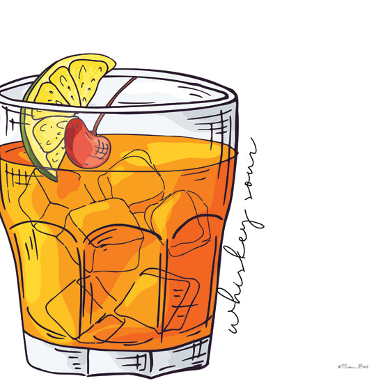 Susan Ball SB1468 - SB1468 - Whiskey Sour   - 12x12 whiskey sour, cocktail illustration, rocks glass, orange drink, ice cubes, lime wedge, maraschino cherry, hand-drawn beverage art, bar cart decor, happy hour, mixology, modern kitchen art, minimalist gray background, playful drink graphic, contemporary line art from Penny Lane