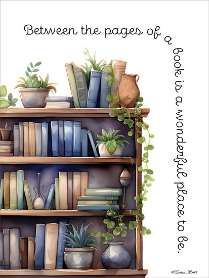Susan Ball SB1528 - SB1528 - Between the Pages of a Book - 12x16 bookshelf art, plants, reading quote, typography, inspirational decor, home library, watercolor illustration, cozy reading nook, word art, literary inspiration from Penny Lane
