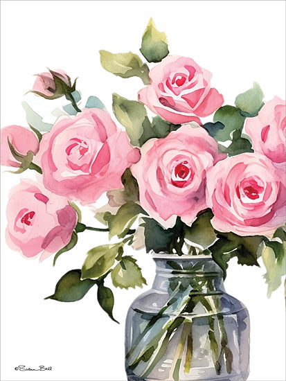 Susan Ball SB1532 - SB1532 - Pink Flower Set 2 - 12x16 watercolor, pink roses, bouquet, glass vase, botanical art, floral painting, delicate petals, romantic flowers, watercolor illustration, fine art print from Penny Lane