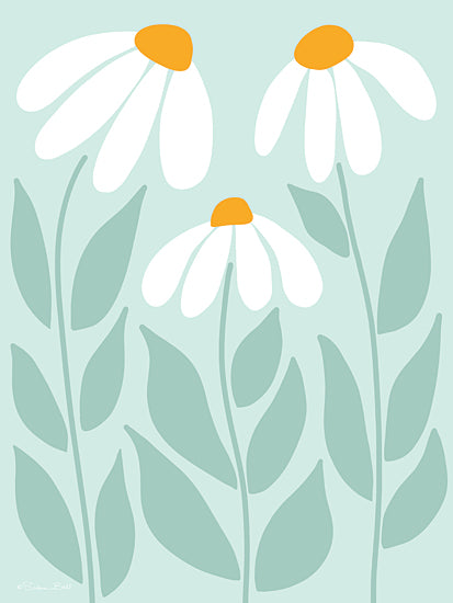 Susan Ball SB1556 - SB1556 - Daisy Trio - 12x16 floral illustration, daisy flowers, white petals, yellow centers, mint green background, modern floral art, minimalist botanical, graphic design, decorative print from Penny Lane