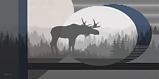 Stellar Design Studio SDS1543 - SDS1543 - Geometric Wilderness - 18x9 moose silhouette, geometric forest design, modern wildlife art, blue and gray tones, minimalist landscape, pine forest, digital style, circular composition, wilderness theme from Penny Lane