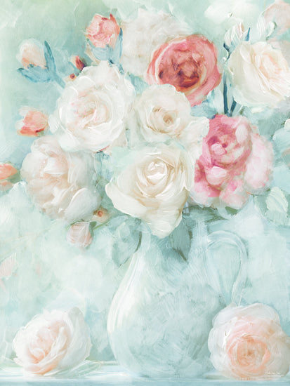 Stellar Design Studio SDS1556 - SDS1556 - Blush and Bloom - 12x16 white and pink roses, light aqua background, pastel tones, floral bouquet in vase, romantic painting, elegant still life, feminine wall art, oil texture brushstrokes from Penny Lane