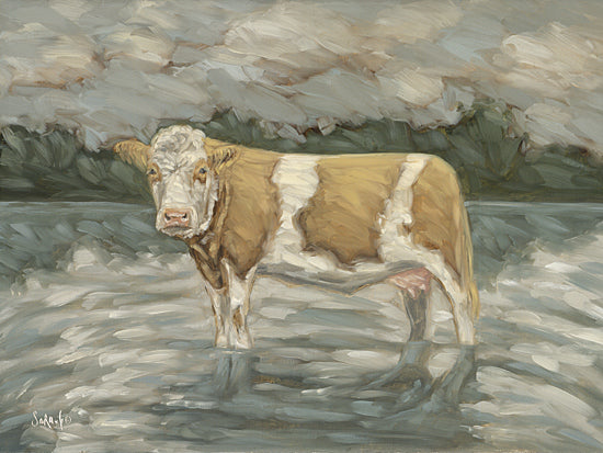 Sara G. Designs SGD201 - SGD201 - Bathing Beauty - 16x12 Cow, Brown & White Cow, Sideview, Landscape, Pond, Trees, Brushstrokes from Penny Lane