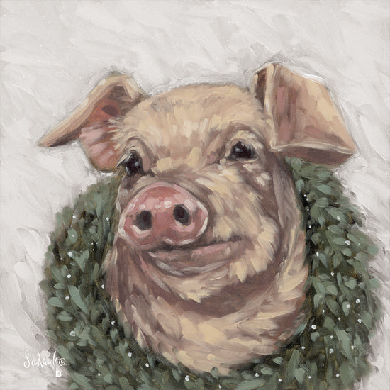 Sara G. Designs SGD268 - SGD268 - Peanut the Pig - 12x12 Christmas, Holidays, Pig, Pink Pig, Whimsical, Wreath, Greenery, Winter, Snow from Penny Lane