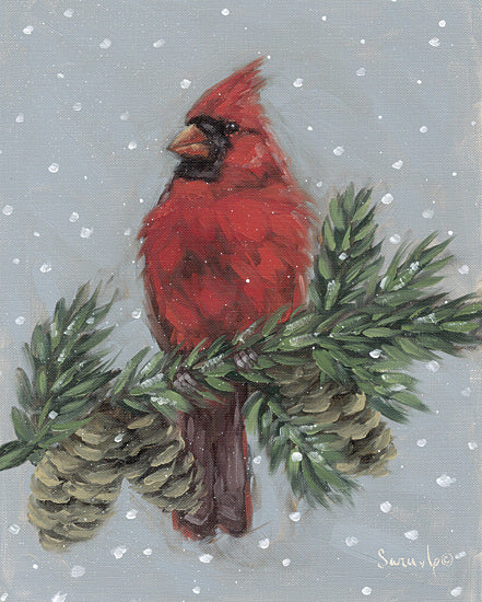 Sara G. Designs SGD323 - SGD323 - Scarlet Frost      - 12x16 cardinal bird, red songbird, pine branch, pinecones, falling snow, winter wildlife, holiday bird art, Christmas cardinal, evergreen bough, seasonal nature painting, festive red and green palette, snowy scene, rustic holiday decor from Penny Lane
