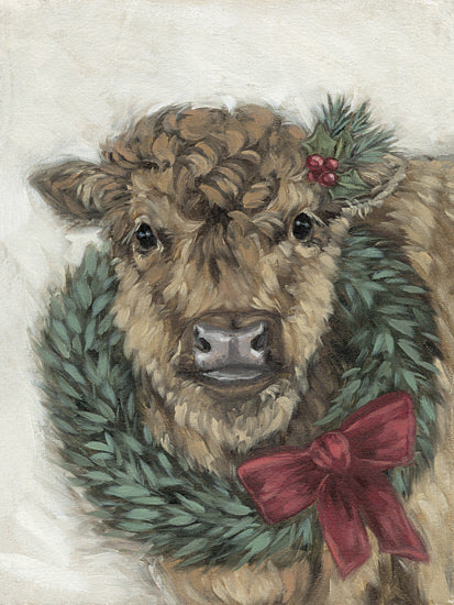 Sara G. Designs SGD325 - SGD325 - Festive Nadeen - 12x16 cow with wreath, Christmas cow, holiday farm animal, red bow, evergreen garland, festive livestock portrait, rustic holiday art, whimsical farmhouse Christmas decor, shaggy cow face, country Christmas painting, seasonal animal illustration, warm neutral background from Penny Lane