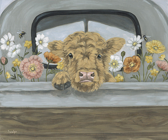 Sara G. Designs SGD369 - SGD369 - The Road Trip - 16x12 animals, botanical, farm animals, insects, floral, greenery, cow, calf, daisy, poppy, bee, truck, spring, whimsical, painterly, acrylic, multicolor from Penny Lane