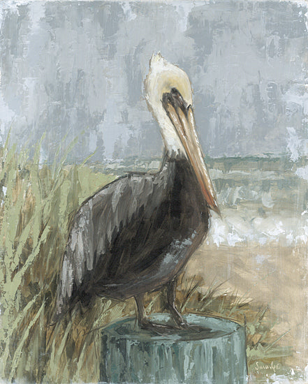 Sara G. Designs SGD371 - SGD371 - Waiting for the Storm to Pass - 12x16 animals, coastal, landscape, birds, wildlife, beach, sea life, sky, pelican, ocean, seagrass, sandy beach, waves, painterly, moody, oil painting, brown from Penny Lane