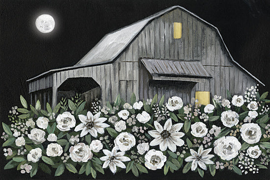 White Ladder WL264 - WL264 - Moonlit Flowers   - 18x12 Barn, Farm, Gray Barn, Flower, White Flowers, Leaves, Berries, White Berries, Moonlight, Night, Moon, from Penny Lane