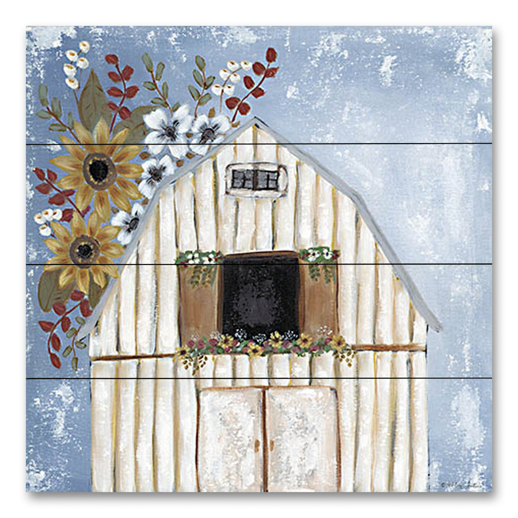 Ashley Justice AJ121PAL - AJ121PAL - Rustic Memories - 12x12 Barn, Farm, Whimsical, Flowers, Rustic, Fall, White Barn, Fall Flowers from Penny Lane