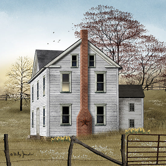 Billy Jacobs BJ1353 - BJ1353 - Morning Has Broken II - 12x12 Folk Art, House, Homestead, Barn Star, Chimney, Landscape, Farmhouse/Country, Trees, Flowers, Fence, Morning Has Broken from Penny Lane