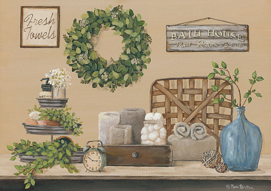 Pam Britton BR465 - Farmhouse Bath I - 16x12 Bath, Farmhouse, Wreath, Baskets, Bathroom, Greenery from Penny Lane