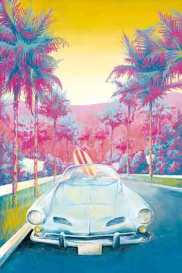 Cloverfield & Co. CC238 - CC238 - Beach Trip - 12x18 Coastal, Car, Convertible, Street, Palm Trees, Landscape, Hills, Surfboard, Red, Blue, Green, Yellow from Penny Lane