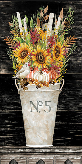 Cindy Jacobs CIN1979 - CIN1979 - No. 5 Fall Flowers and Birch 1    - 9x18 Fall Flowers, Flowers, Birch Tree Branches, Greenery, Autumn, Tin Pail, Bird from Penny Lane