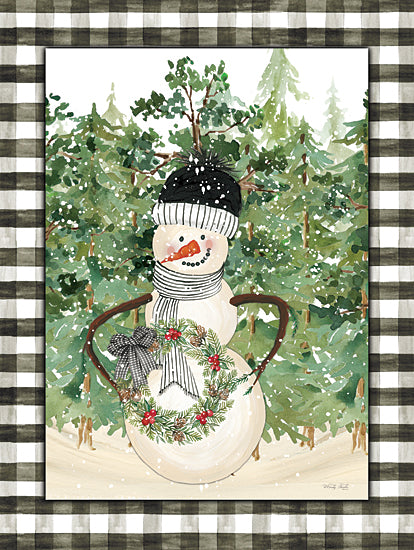 Cindy Jacobs CIN2724 - CIN2724 - Snowman with Wreath   - 12x16 Snowman, Winter, Black & White Gingham, Border, Wreath, Berries, Pine Cones, Trees from Penny Lane