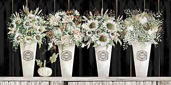 Cindy Jacobs CIN3121 - CIN3121 - Fall Floral with Pumpkins III - 18x9 Still Life, Flowers, Sunflowers, Fall, Fall Flowers, White Sunflowers, Daisies, White Flowers, Pails, Greenery, Pumpkins, Black  Background, Cottage/Country from Penny Lane