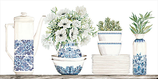 Cindy Jacobs CIN3841 - CIN3841 - Chinoiserie Shelf I - 18x9 Still Life, Kitchen, Blue & White Dinnerware, Chinoiserie, European, Shelf, Plates, Bowls, Flowers, White Flowers, Greenery from Penny Lane