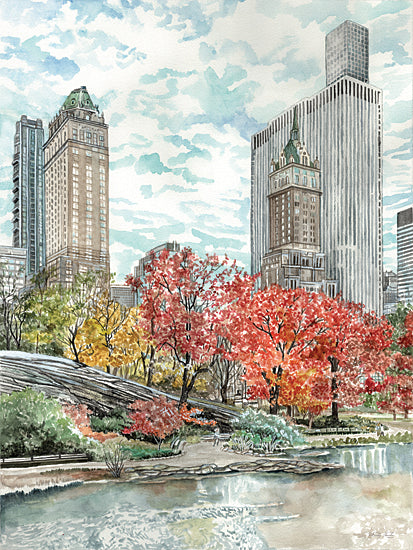 Cindy Jacobs CIN4180 - CIN4180 - Central Park Umpire Rock - 12x16 Central Park, New York City, Park, Trees, Skyline, Buildings, Landscape, Fall, Umpire Rock, River, Clouds, Skyview, Watercolor from Penny Lane