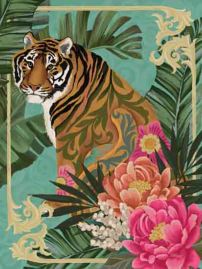 Cat Thurman Designs CTD170 - CTD170 - Floral Tiger - 12x16 Whimsical, Tiger, Exotic, Flowers, Tropical, Palm Leaves, Patterns, Gold Scrolls from Penny Lane