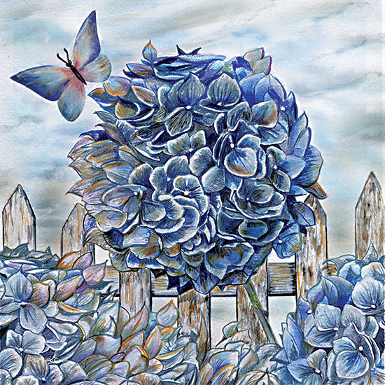 Ed Wargo ED476 - ED476 - Hydrangeas Blooming - 12x12 Flowers, Hydrangeas, Blue Flowers, Butterfly, Fence Post, Rustic, Spring from Penny Lane