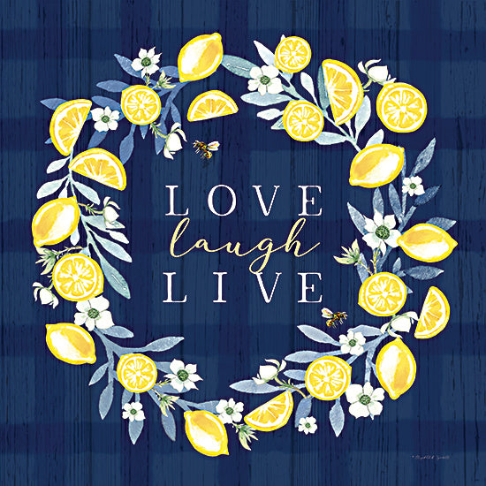 Elizabeth Tyndall ET157 - ET157 - Live Laugh Love Lemon Wreath - 12x12 Inspirational, Kitchen, Lemons, Citrus, Love Laugh Live, Typography, Signs, Textual Art, Wreath, Blue, Yellow, Plaid, Farmhouse/Country from Penny Lane