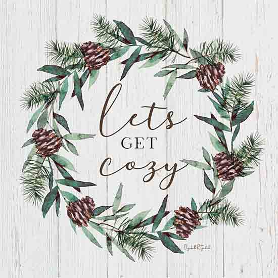 Elizabeth Tyndall ET268 - ET268 - Let's Get Cozy Wreath - 12x12 Winter, Wreath, Greenery, Pine Sprigs, Pinecones, Lets Get Cozy, Typography, Signs, Textual Art from Penny Lane