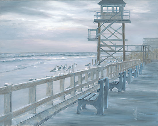 Georgia Janisse JAN297 - JAN297 - Dawn Patrol - 16x12 Coastal, Ocean, Seagulls, Birds, Dock, Pier, Benches, Fence, Waves, Coast, Landscape, Lifeguard Shack from Penny Lane