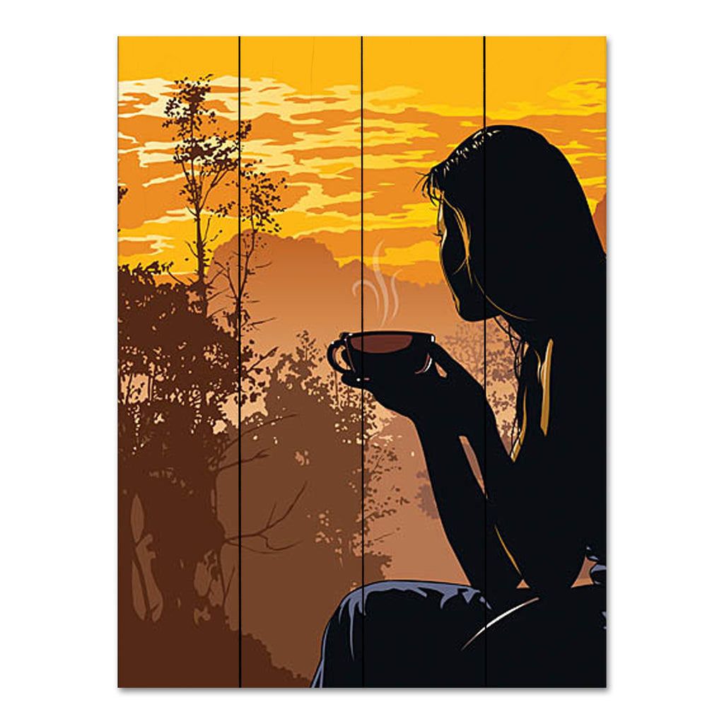 JG Studios JGS501PAL - JGS501PAL - Morning Bliss - 12x16 Coffee, Girl, Silhouette, Landscape, Trees, Sun, Graphic Art, Kitchen from Penny Lane