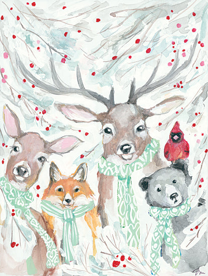 Jessica Mingo JM353 - JM353 - Snowy Friends - 12x16 Winter, Animals, Wildlife, Cardinal, Berries, Animals in Scarfs from Penny Lane