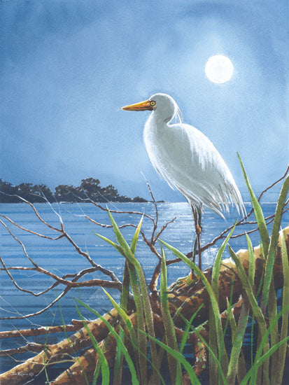 John Rossini JR389 - JR389 - Moonlight Sentinel - 12x16 Coastal, Egret, Ocean, Tree, Moon, Night, Landscape, Sky, Moonlight Sentinel from Penny Lane