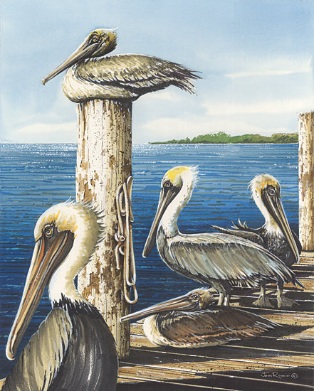 John Rossini JR418 - JR418 - The Lunch Crowd - 12x16 Coastal, Pelicans, Dock, Ocean, Landscape, Birds, Summer, Blue from Penny Lane